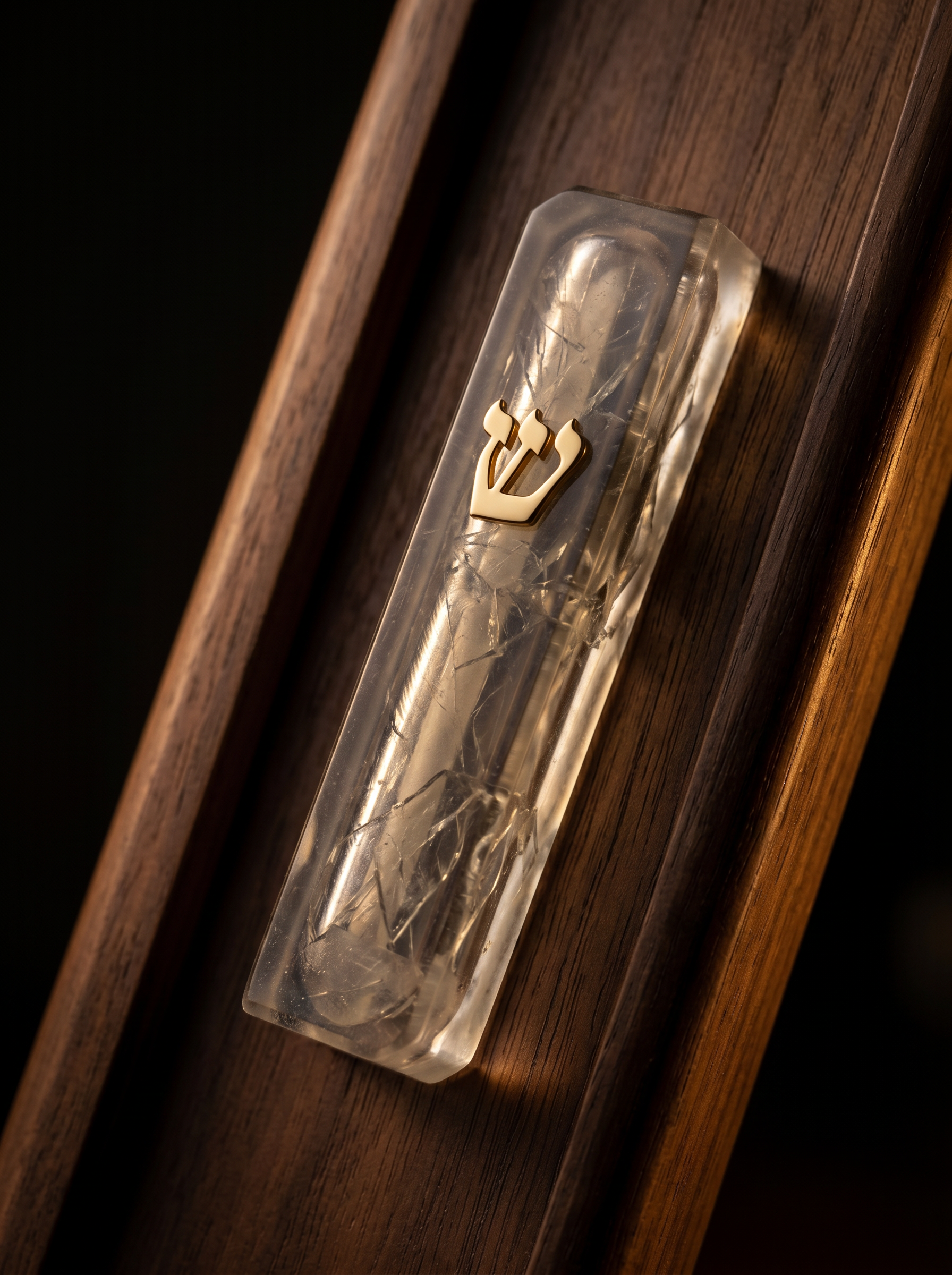 Resin mezuzah with wedding glass shards on a dark walnut doorframe