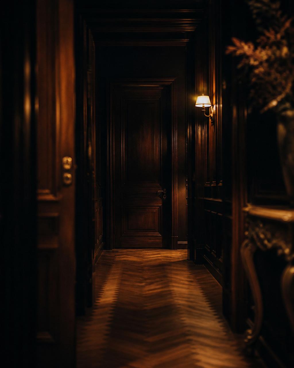 Dim walnut-panelled hallway lit by a single sconce