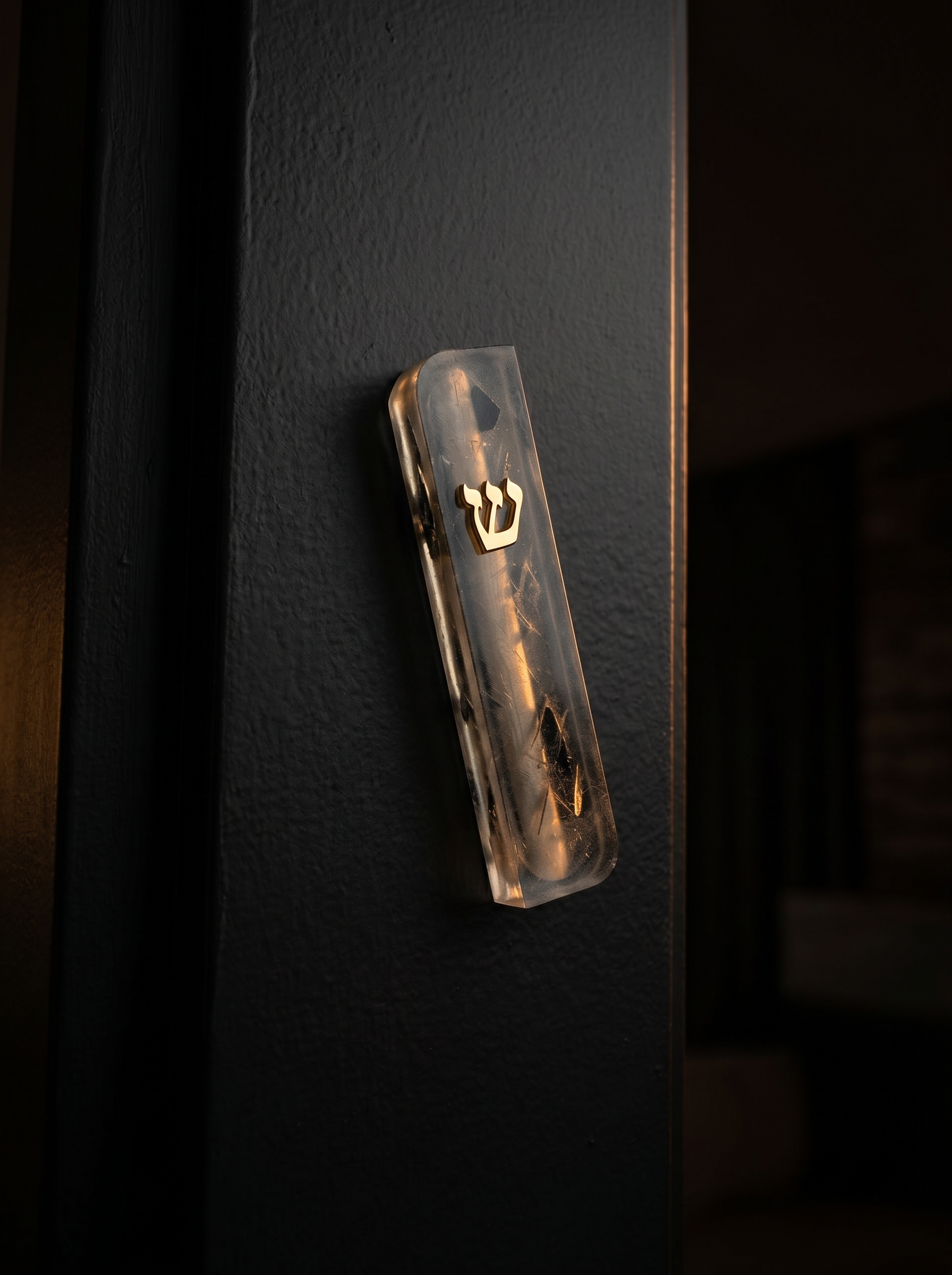 Resin mezuzah with amber glass on a black door