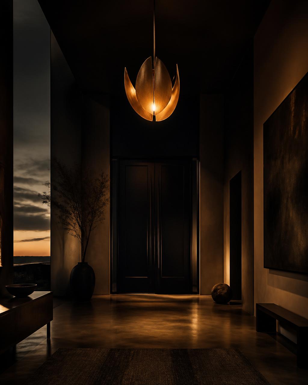 Grand minimalist entryway at dusk with sculptural pendant light