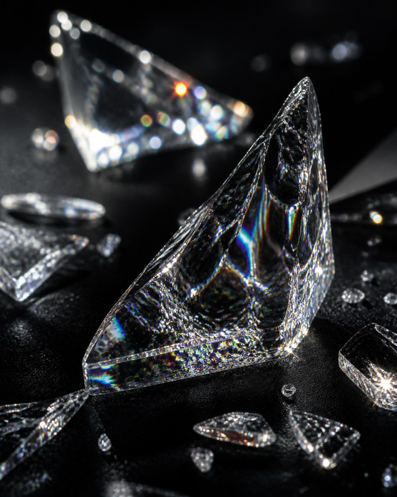 Crystal glass shards refracting light on a matte black surface